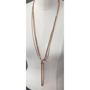 WHBM Gold Tone Mesh Bead Tassel Lariat Y Necklace Long Multi Strand Rhinestone